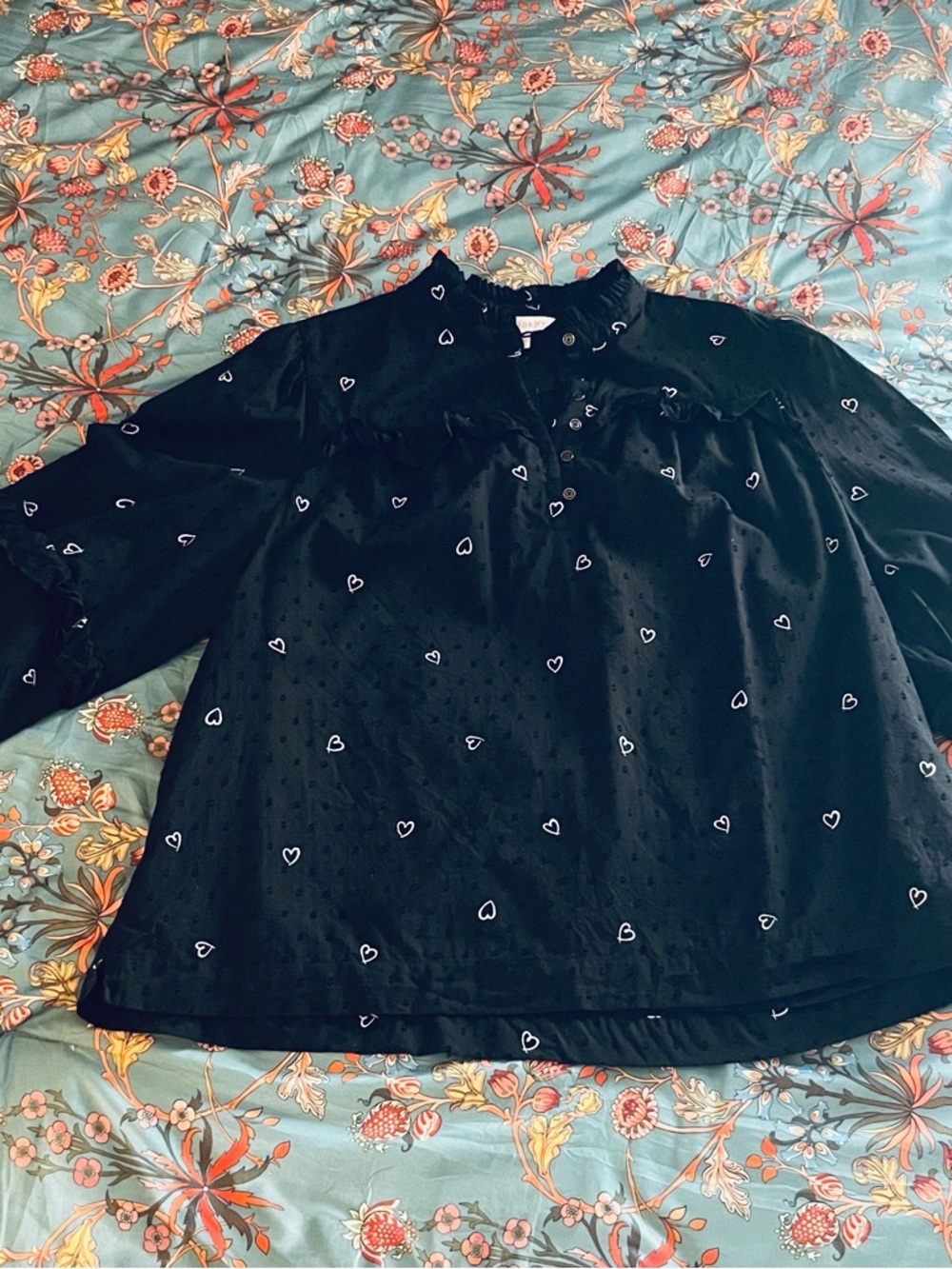crown & ivy Black Blouse with White Heart Details